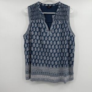 Lucky Brand Top Women XL Blue Sleeveless Boho Crochet V Neck Floral Peasant